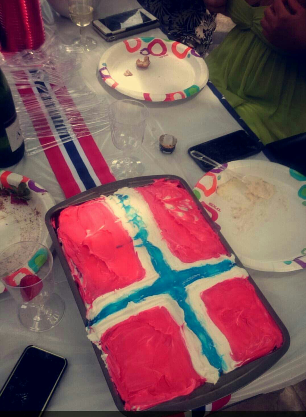 Mia and I made a cake with the Norwegian flag to celebrate our constitution day. Hyper link to constitution day. -Julie Stensrud