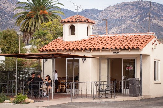 The iconic Chubbies Hamburger housed in the iconic adobe with the small bell-tower.