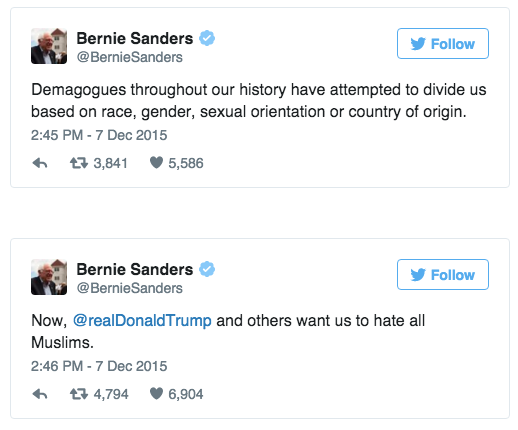 Bernie Sanders Responds to Donal Trump's Anti-Muslim Proposlal