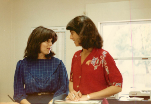 (Left) Lois Phillips, Founding Executive Director of Antioch University Santa Barbara, in the early years with Candice Etz, Student Services staff member. 