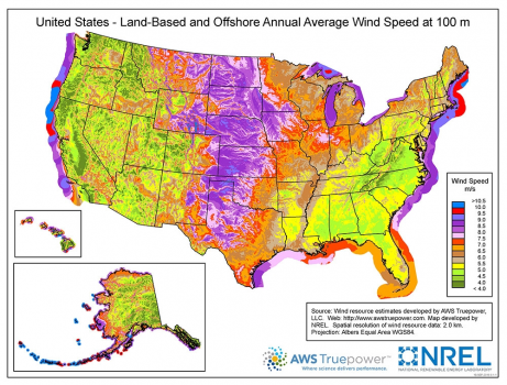 Land based and offshore annual average wind speed at 100m. Source: NREL