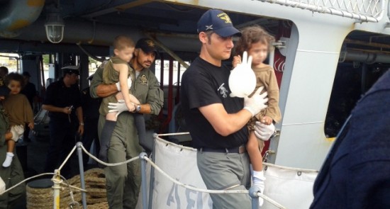 Italian Coast Guard rescuing two children in the Mediterranean sea