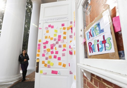 "Expel Rapists" was hung up outside a classroom 