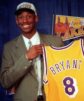 Kobe Bryant getting drafted to the La Lakers twenty years ago. Look at the smile.