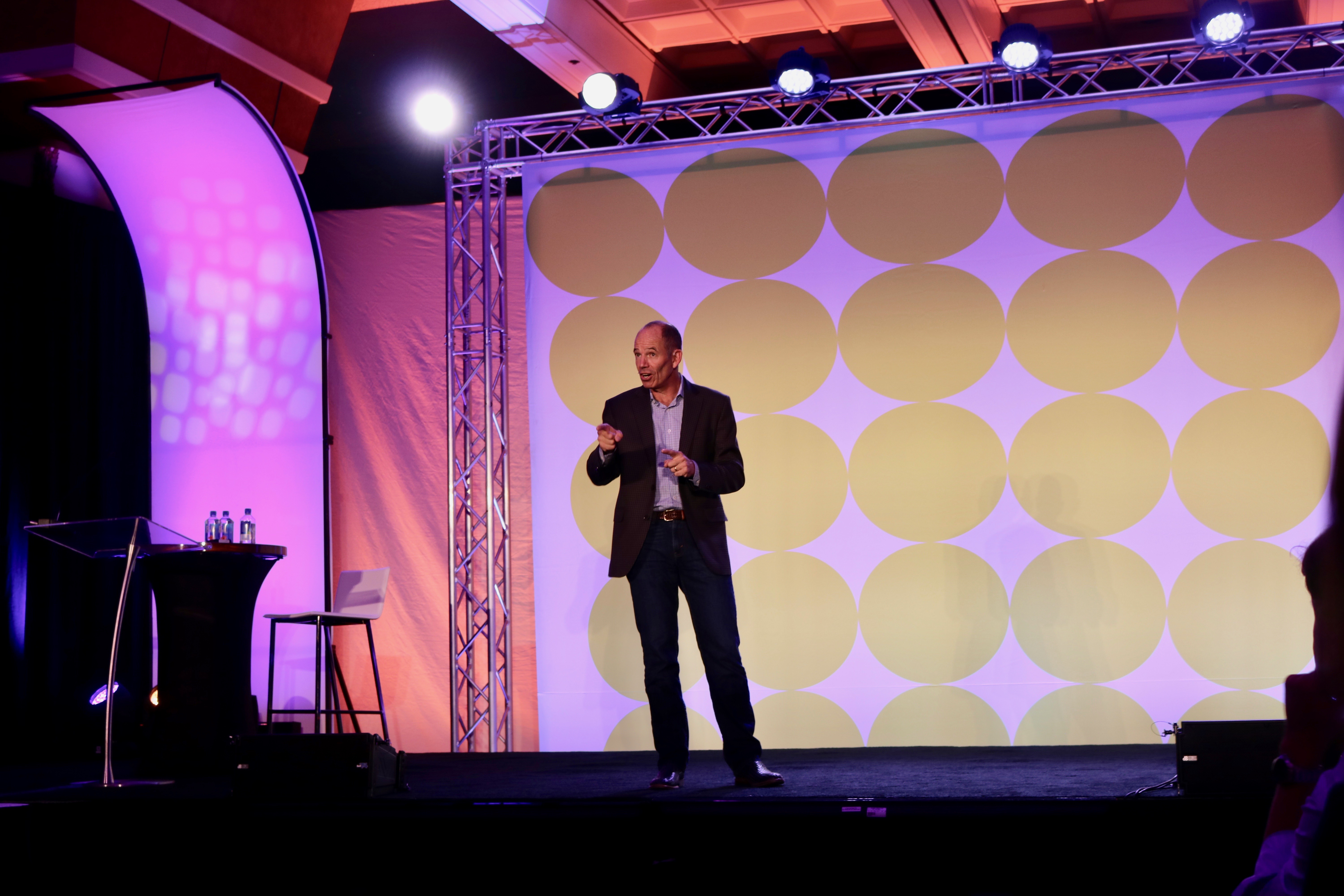Marc Randolph, the Co- Founder of Netflix, speaking on the main stage at ONTRApalooza 2016.